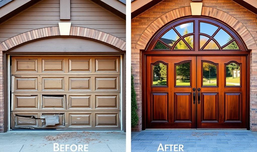Before and after garage door installation transformation showing old weathered door replaced with new carriage-style door