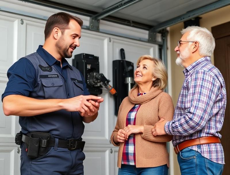 Polkville Garage Doors technician providing consultation to homeowner about garage door options